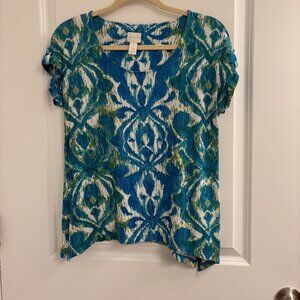 Chico's 1 Blue & Green Abstract Top Lower On Sides Of Hem Scoop Neck Cap Like